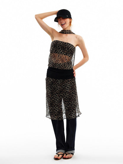 ALINNV Leopard Print Bias Cut Vintage Strapless Women&