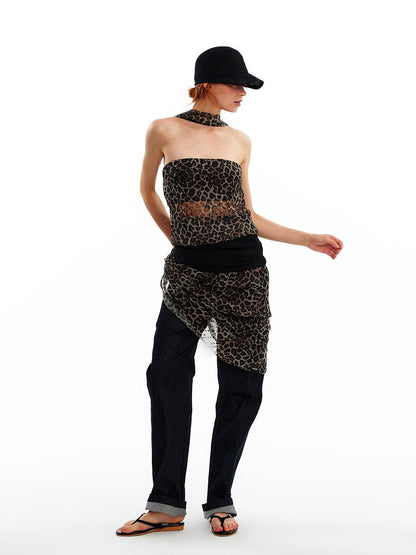 ALINNV Leopard Print Bias Cut Vintage Strapless Women&