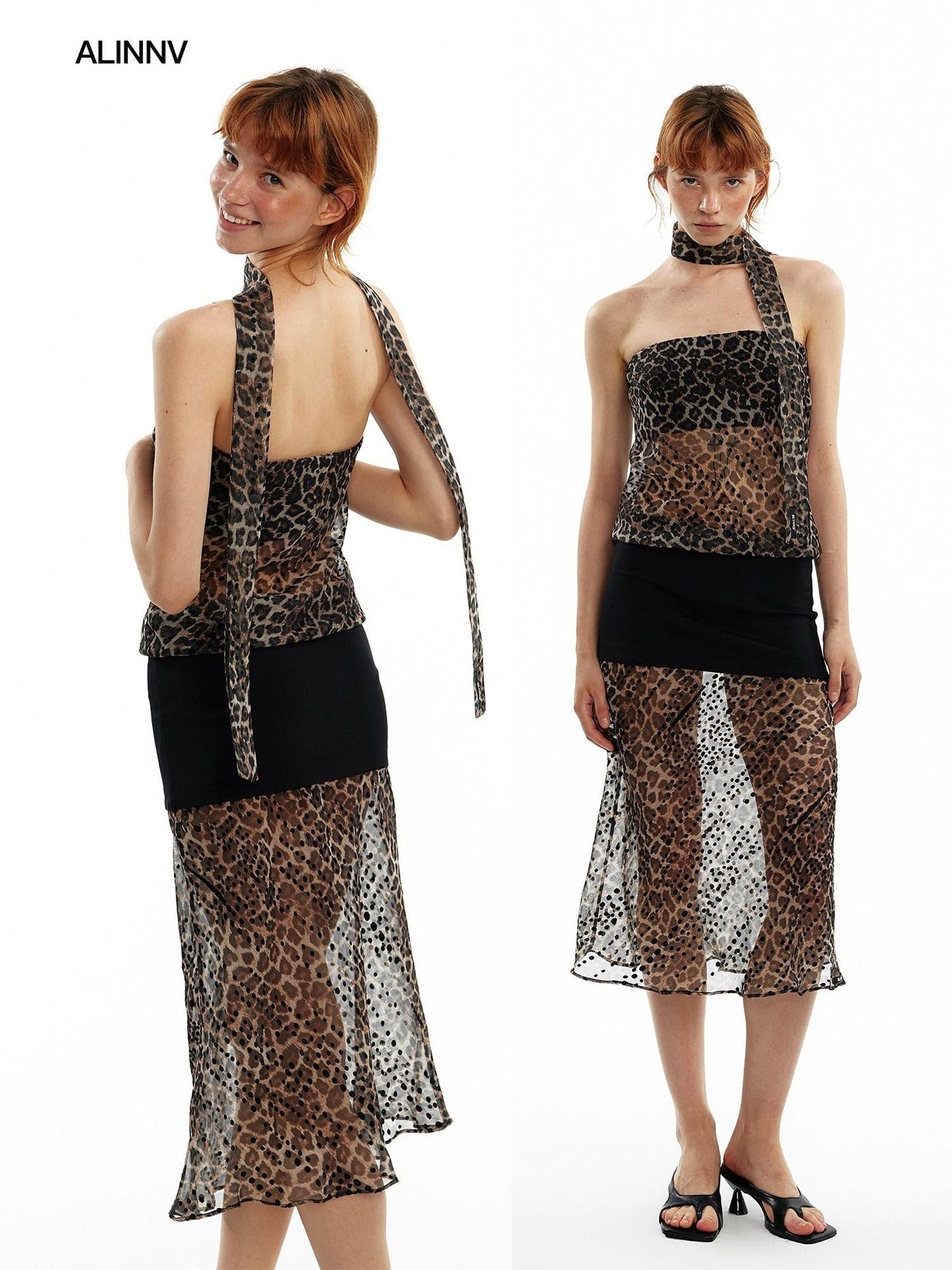 ALINNV Leopard Print Bias Cut Vintage Strapless Women&