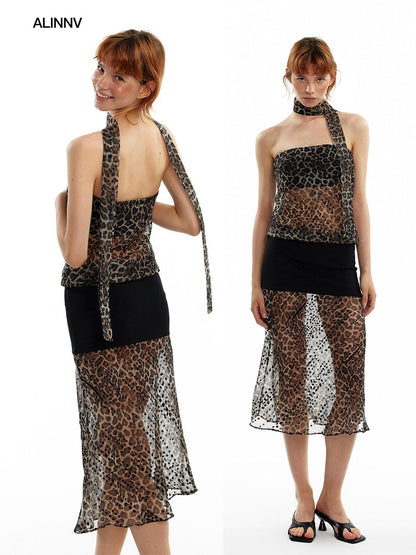 ALINNV Leopard Print Bias Cut Vintage Strapless Women&