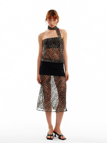 ALINNV Leopard Print Bias Cut Vintage Strapless Women&