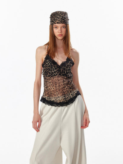 ALINNV Leopard Print Lace Panel Backless V-neck Slim Fit Women&