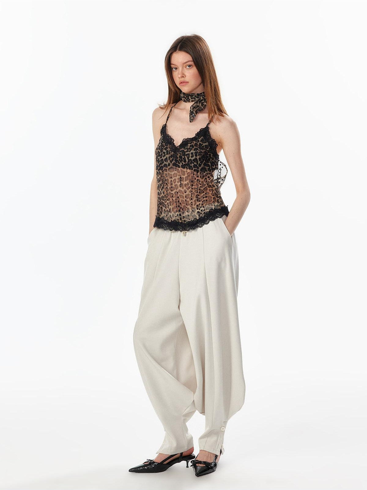 ALINNV Leopard Print Lace Panel Backless V-neck Slim Fit Women&