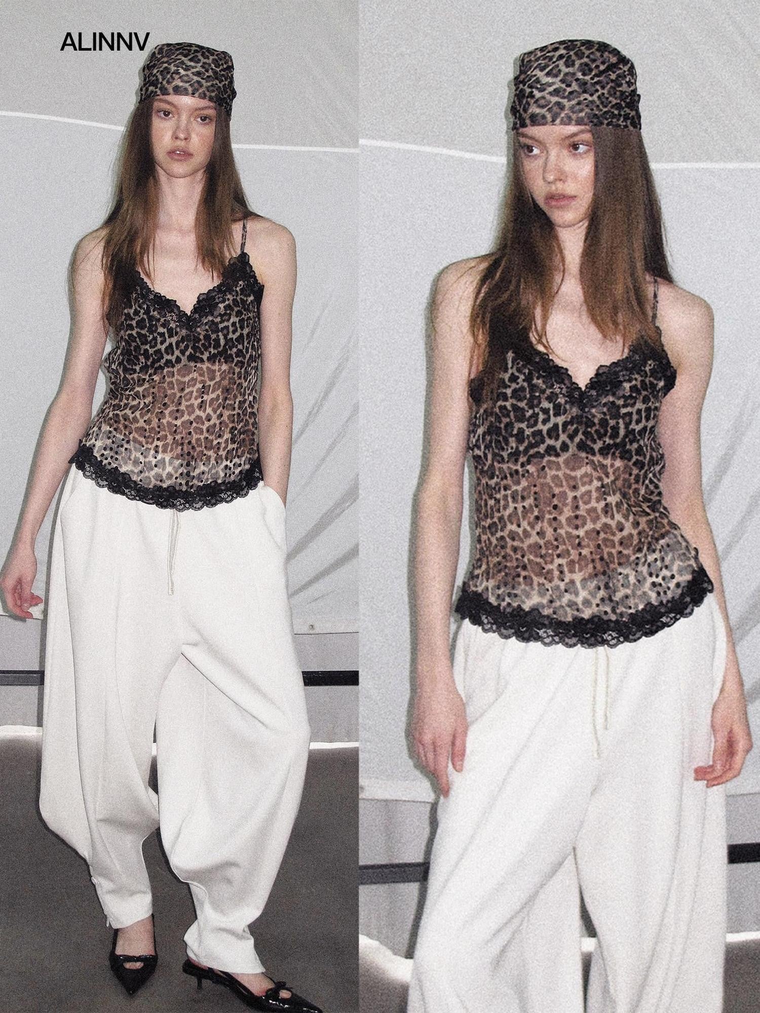 ALINNV Leopard Print Lace Panel Backless V-neck Slim Fit Women&