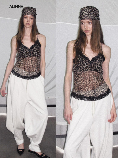 ALINNV Leopard Print Lace Panel Backless V-neck Slim Fit Women&
