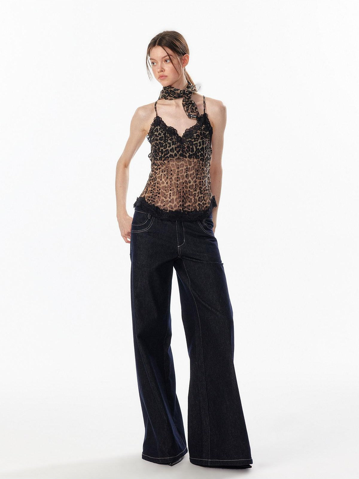 ALINNV Leopard Print Lace Panel Backless V-neck Slim Fit Women&