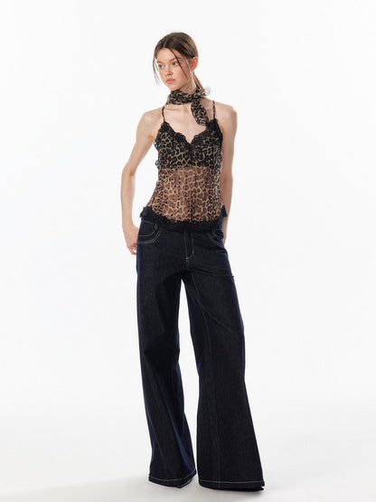 ALINNV Leopard Print Lace Panel Backless V-neck Slim Fit Women&