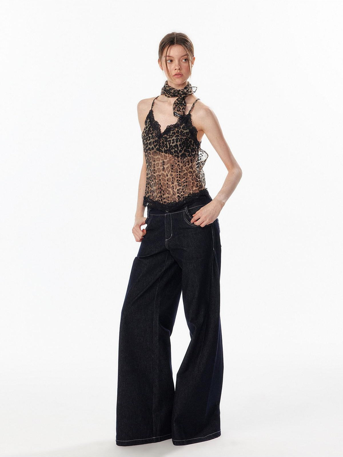 ALINNV Leopard Print Lace Panel Backless V-neck Slim Fit Women&