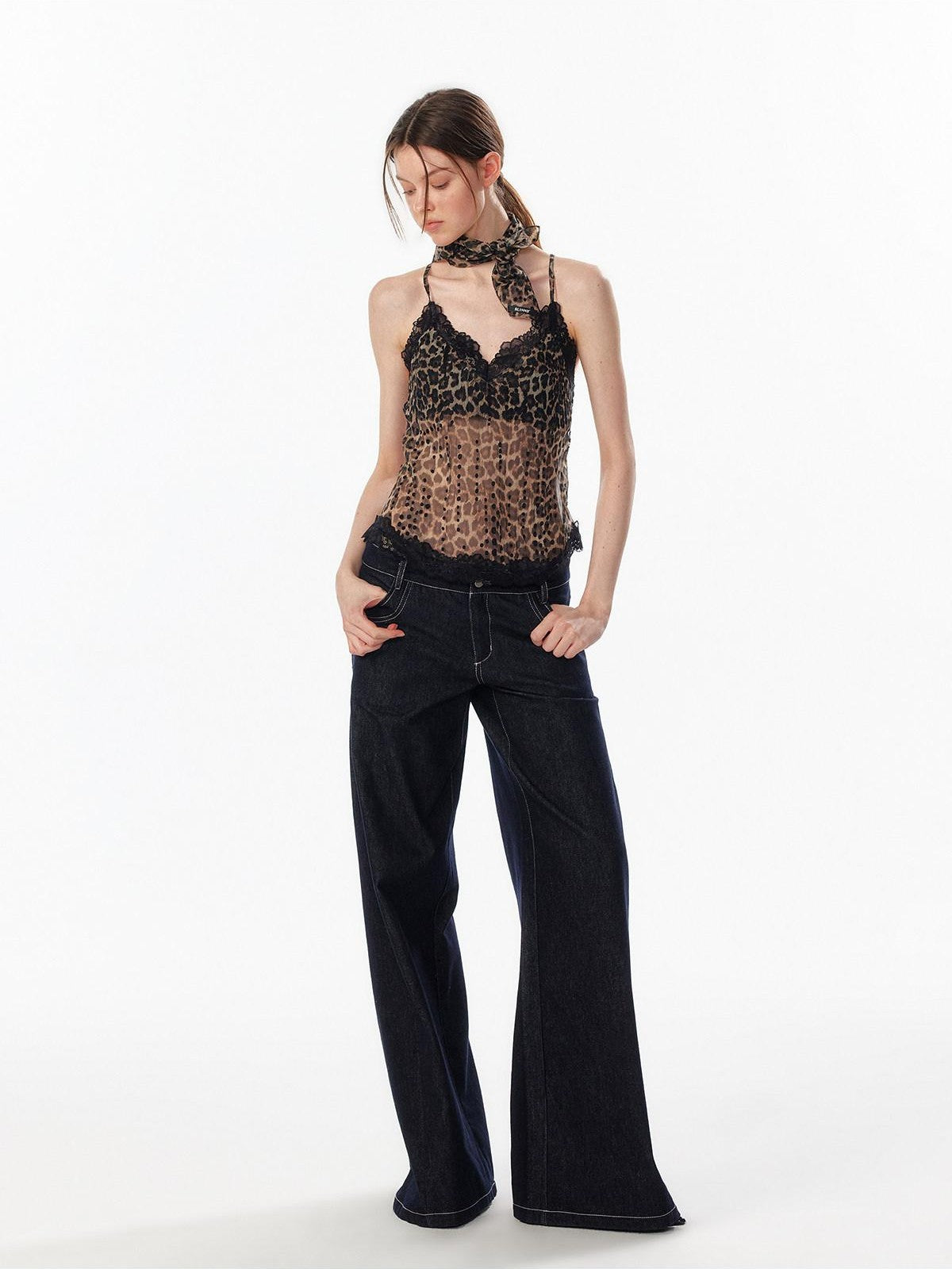 ALINNV Leopard Print Lace Panel Backless V-neck Slim Fit Women&