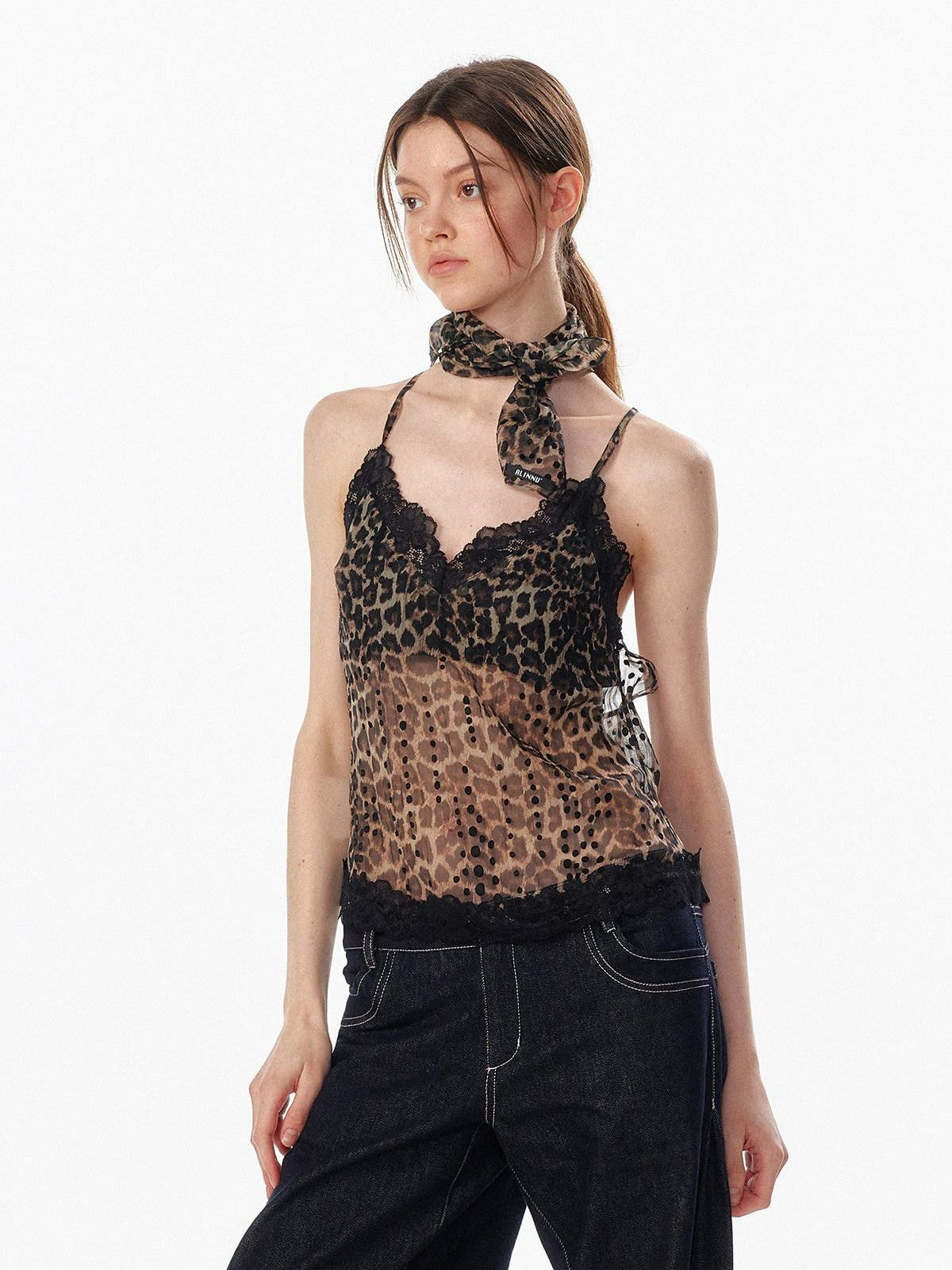 ALINNV Leopard Print Lace Panel Backless V-neck Slim Fit Women&