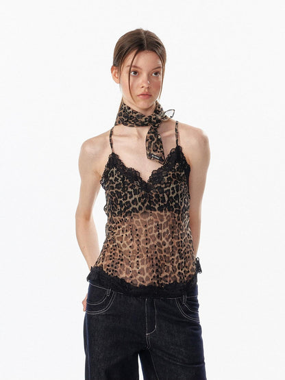 ALINNV Leopard Print Lace Panel Backless V-neck Slim Fit Women&