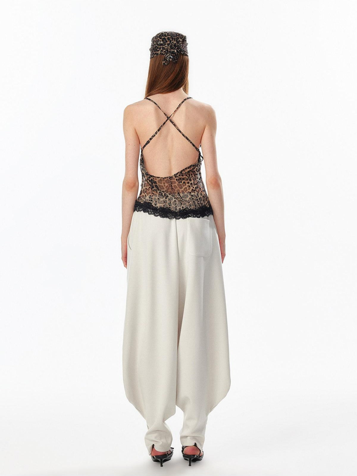 ALINNV Leopard Print Lace Panel Backless V-neck Slim Fit Women&