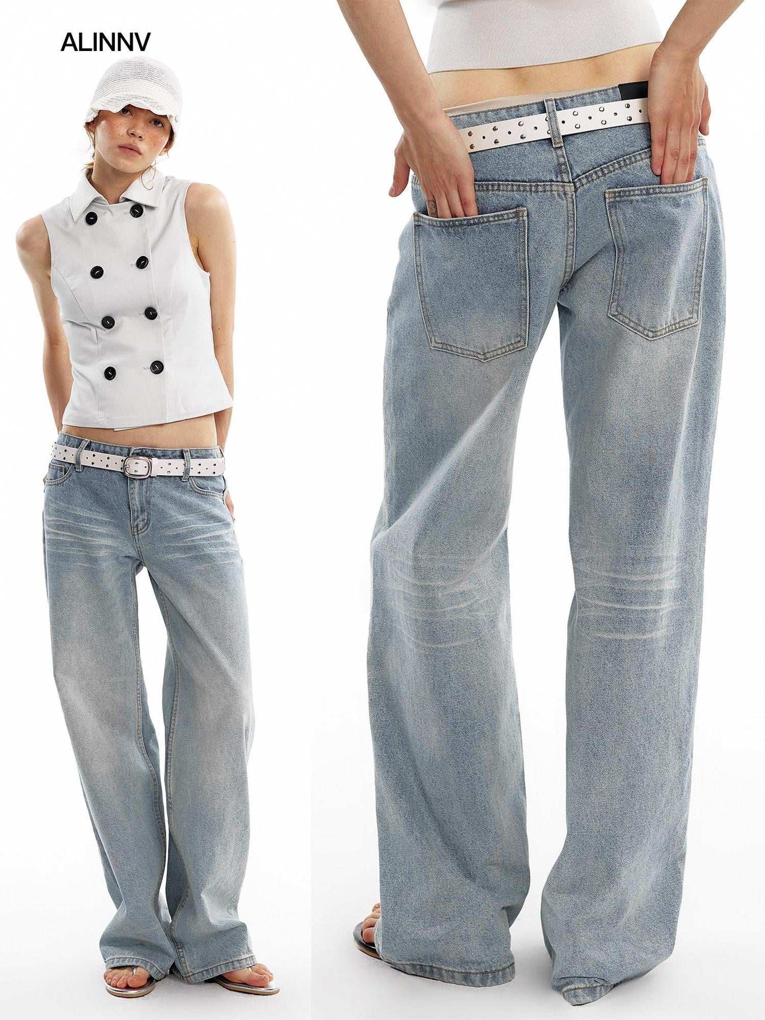 ALINNV Light Wash Distressed Breathable Low Rise Women&