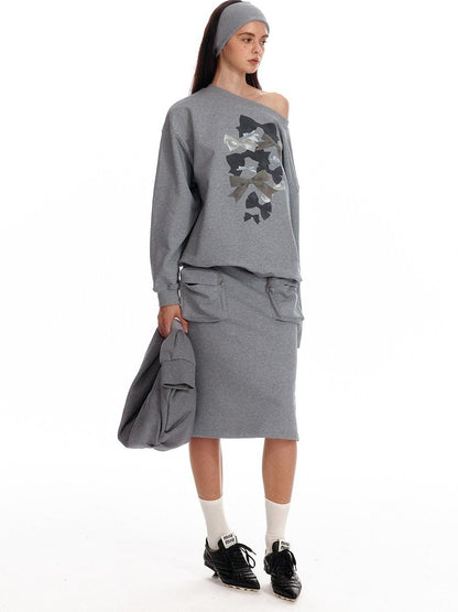 ALINNV Loose Asymmetric Off Shoulder Bow Print Women&