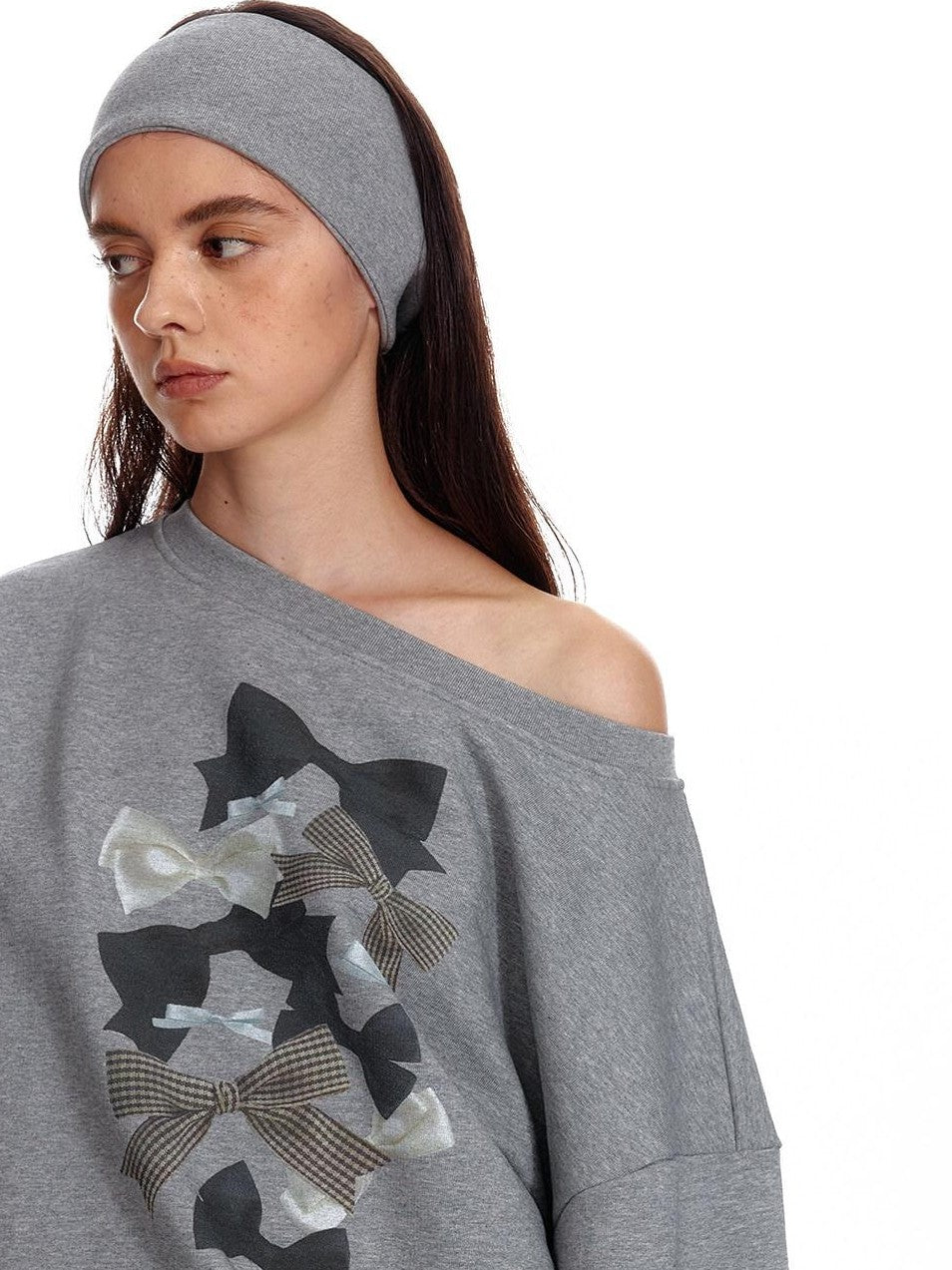 ALINNV Loose Asymmetric Off Shoulder Bow Print Women&