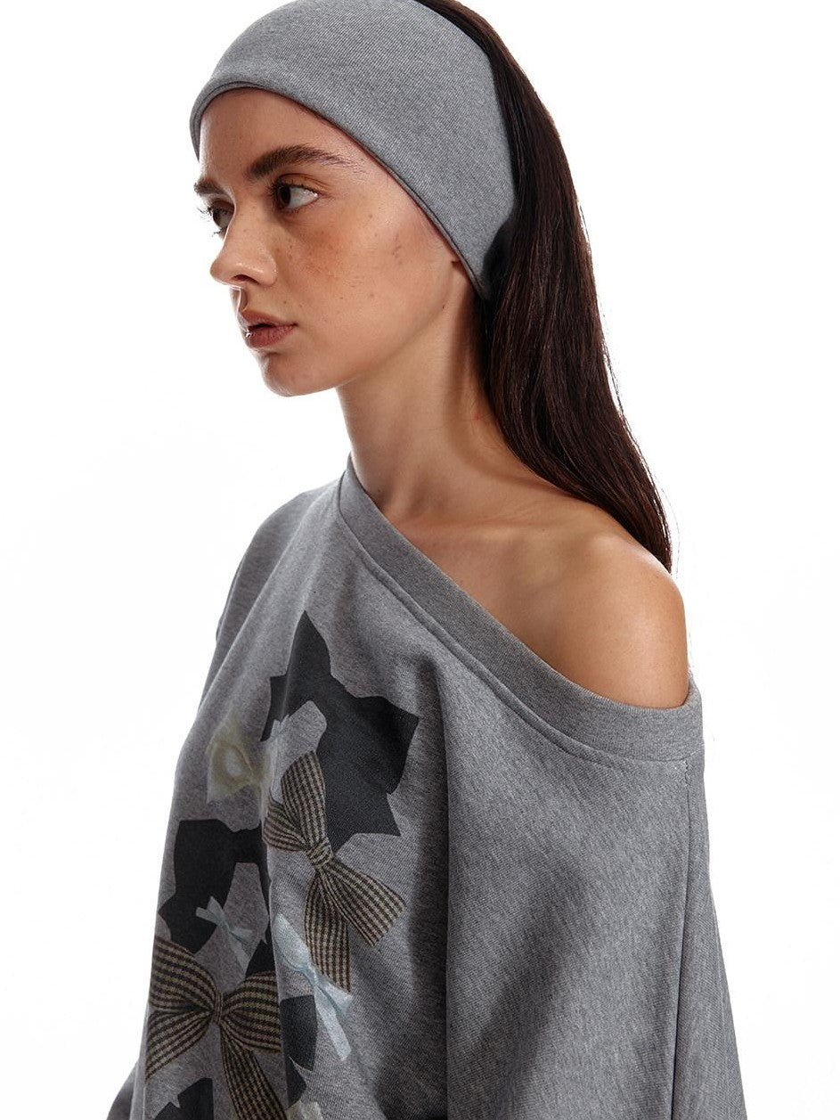ALINNV Loose Asymmetric Off Shoulder Bow Print Women&