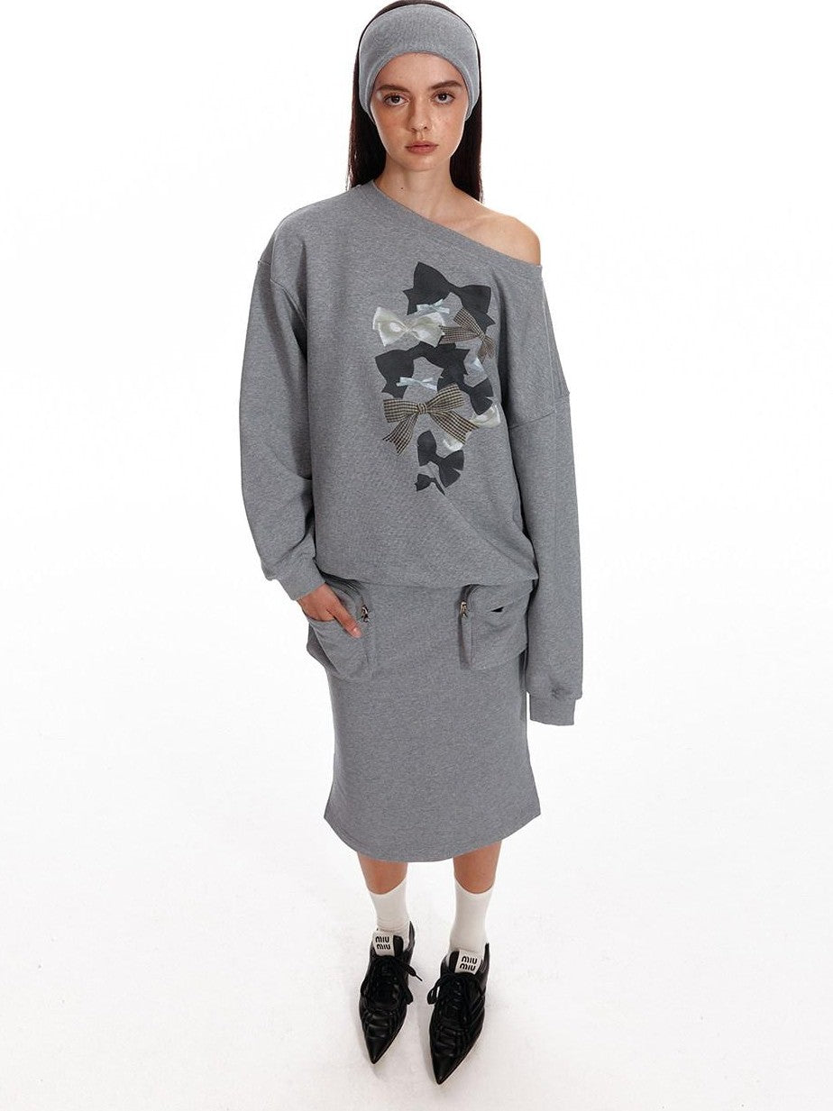 ALINNV Loose Asymmetric Off Shoulder Bow Print Women&