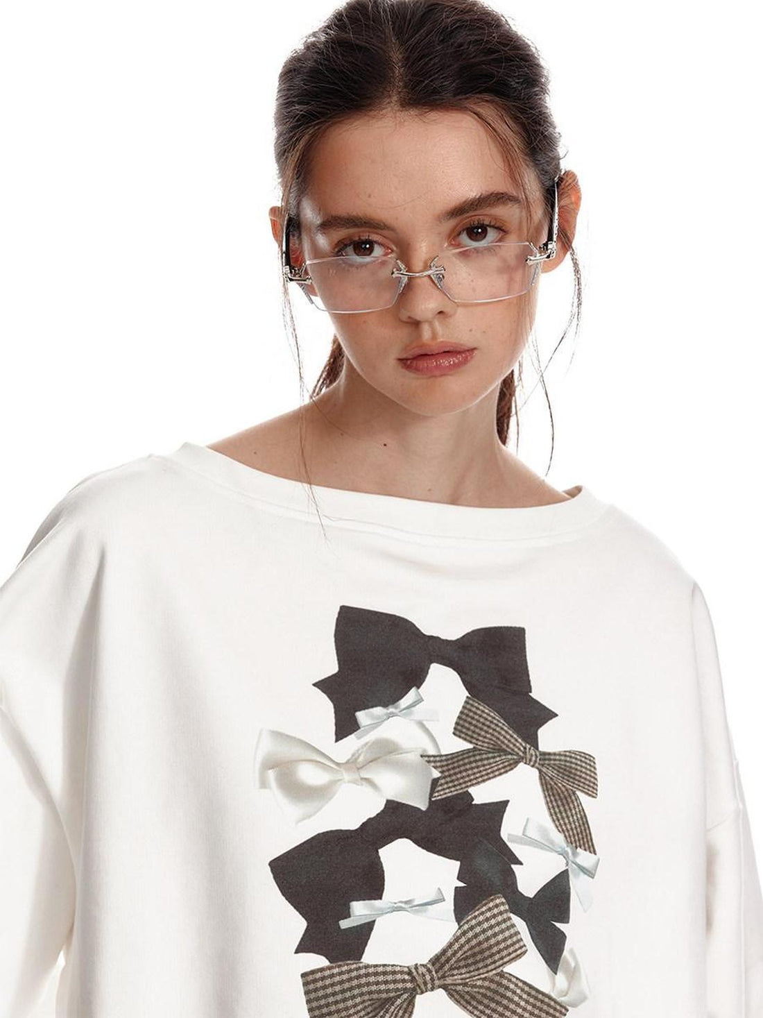 ALINNV Loose Asymmetric Off Shoulder Bow Print Women&