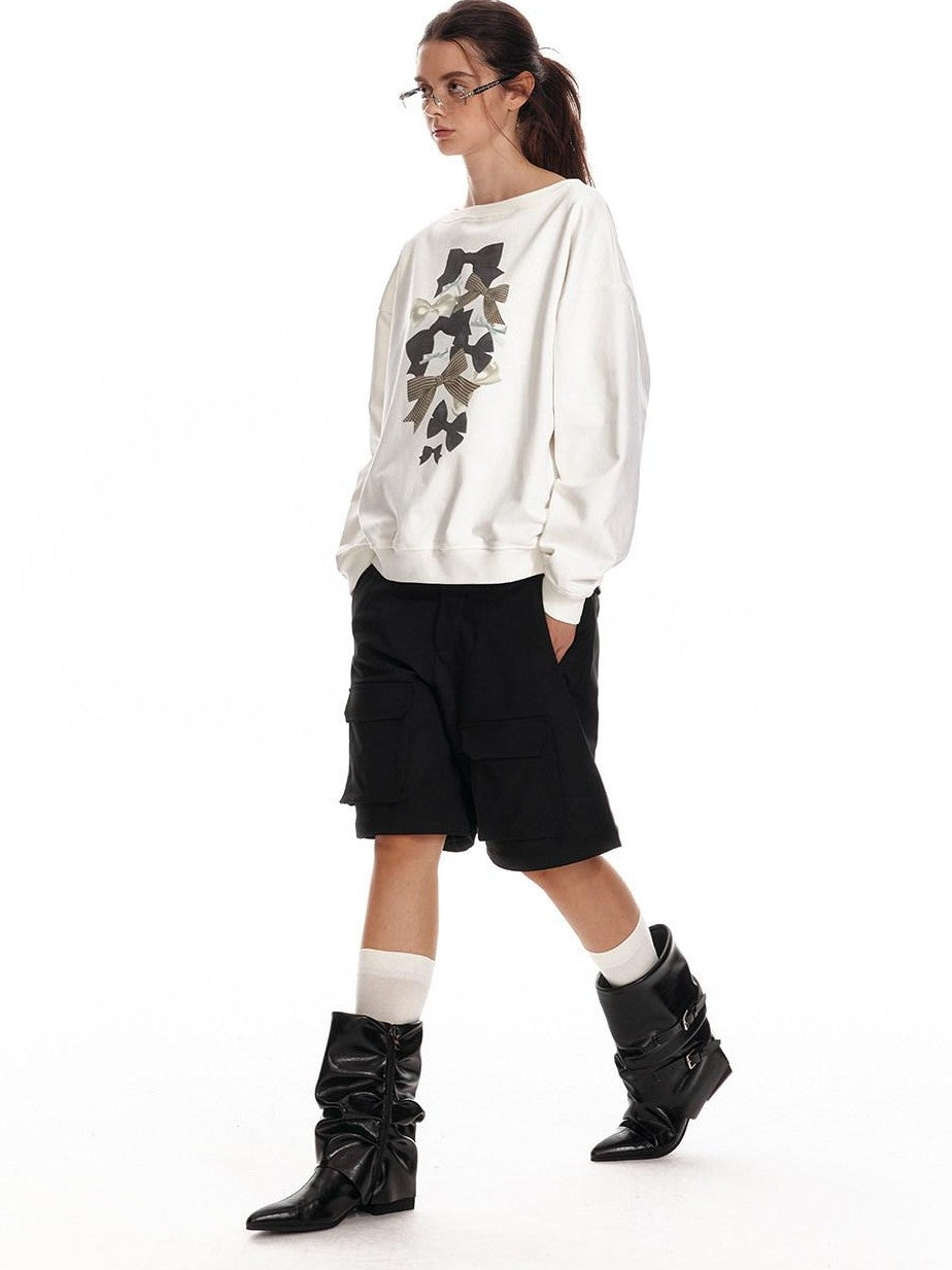 ALINNV Loose Asymmetric Off Shoulder Bow Print Women&