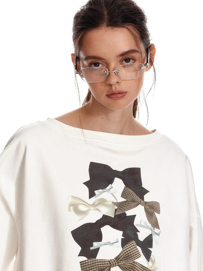 ALINNV Loose Asymmetric Off Shoulder Bow Print Women&