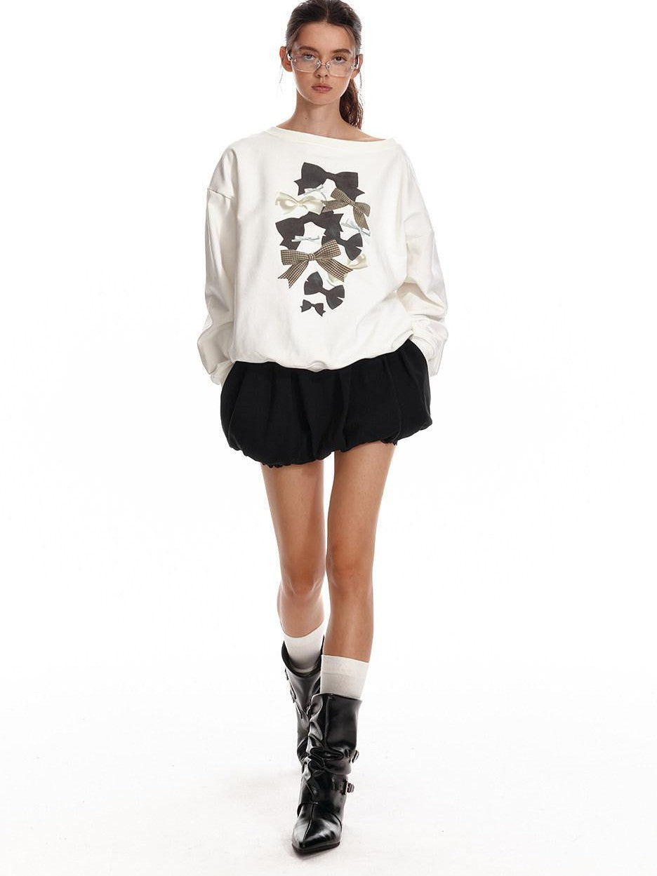 ALINNV Loose Asymmetric Off Shoulder Bow Print Women&