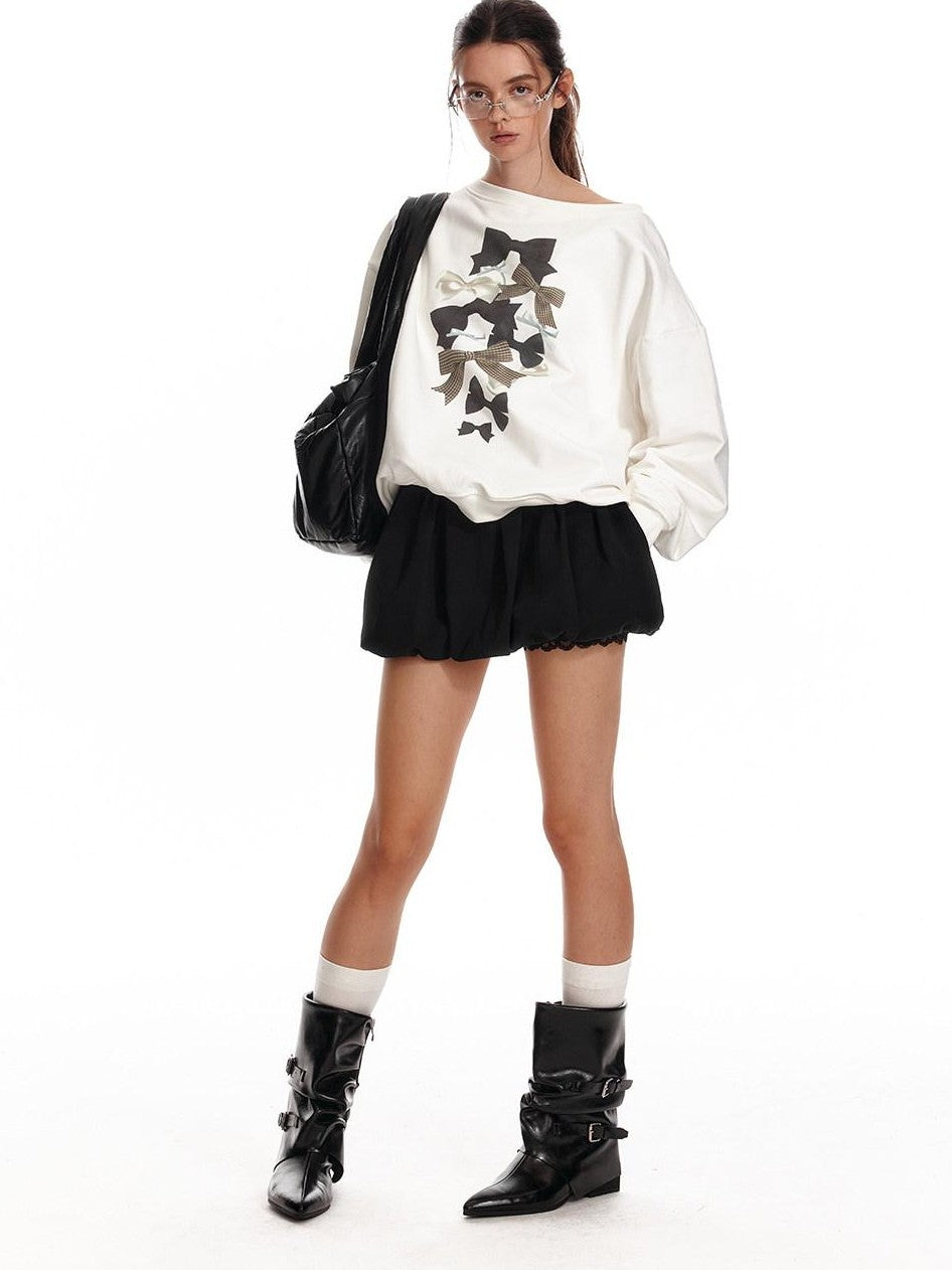 ALINNV Loose Asymmetric Off Shoulder Bow Print Women&