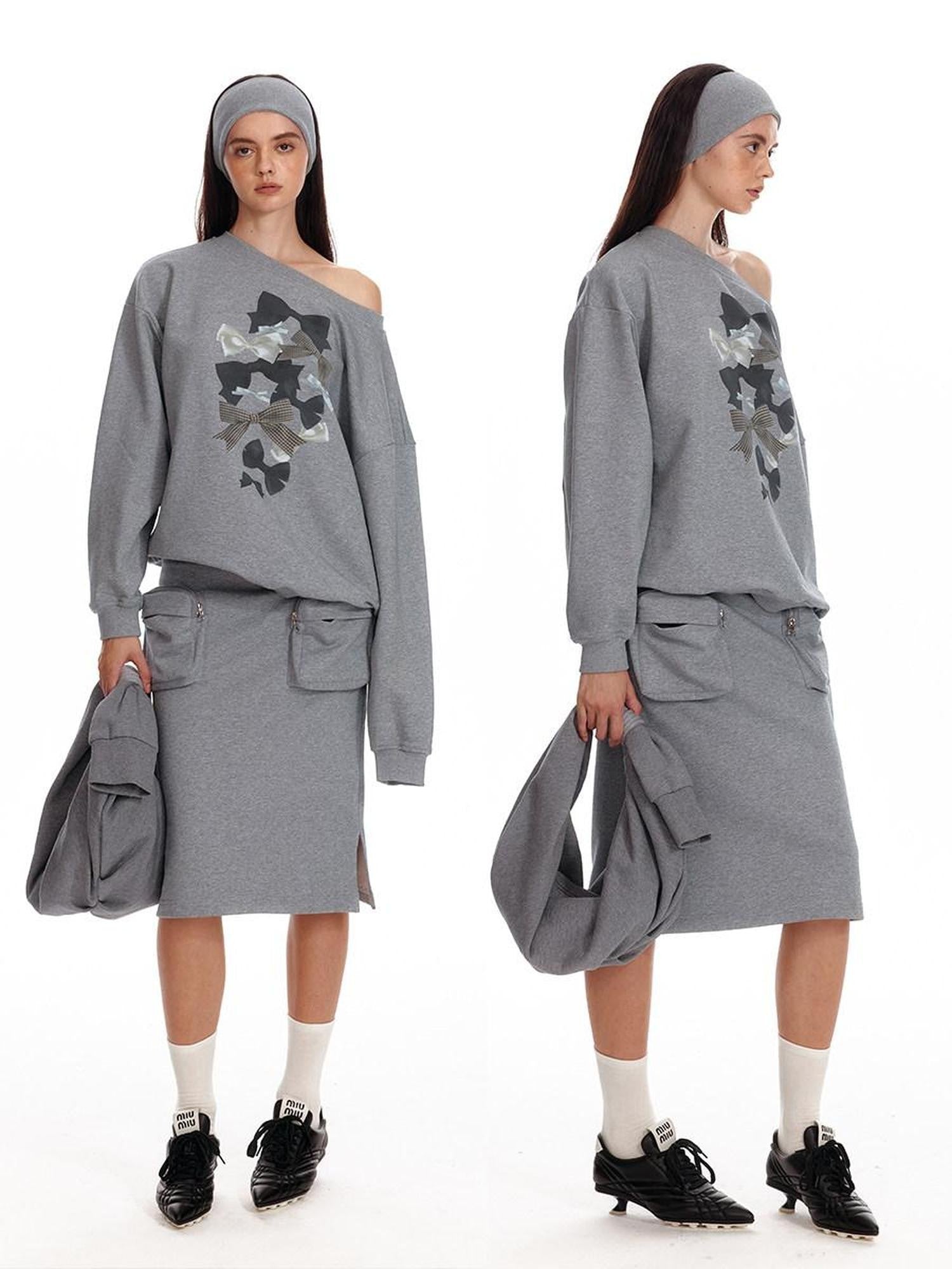 ALINNV Loose Asymmetric Off Shoulder Bow Print Women&