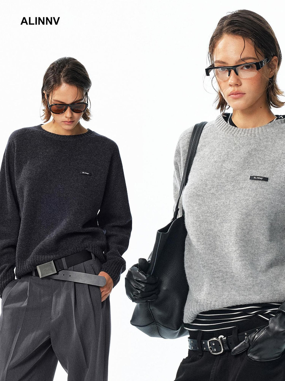 ALINNV Loose Fit Crew Neck Long Sleeve 100% Wool Women&