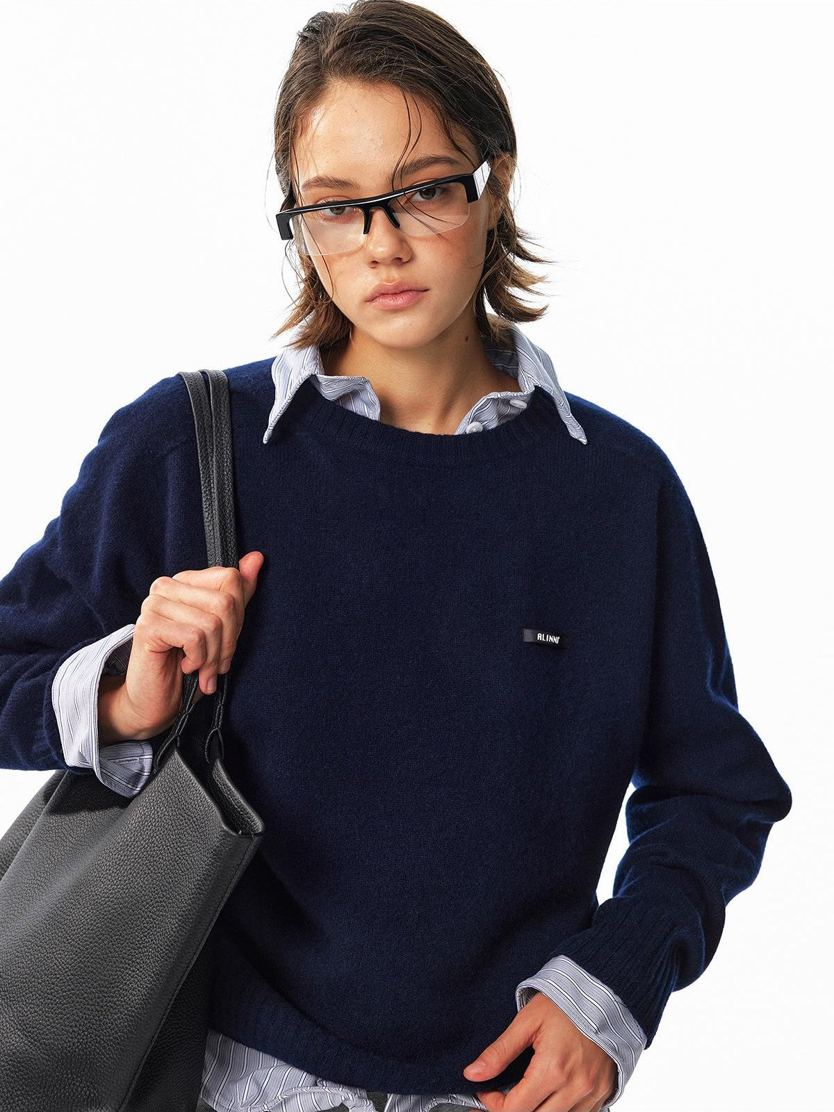 ALINNV Loose Fit Crew Neck Long Sleeve 100% Wool Women&