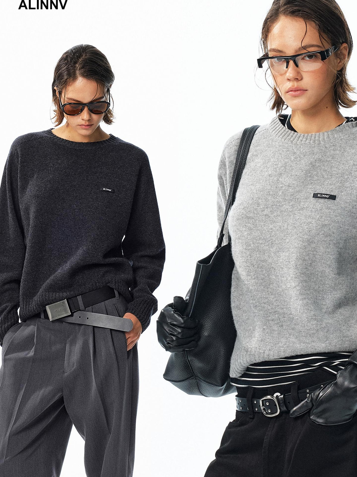 ALINNV Loose Fit Crew Neck Long Sleeve 100% Wool Women&