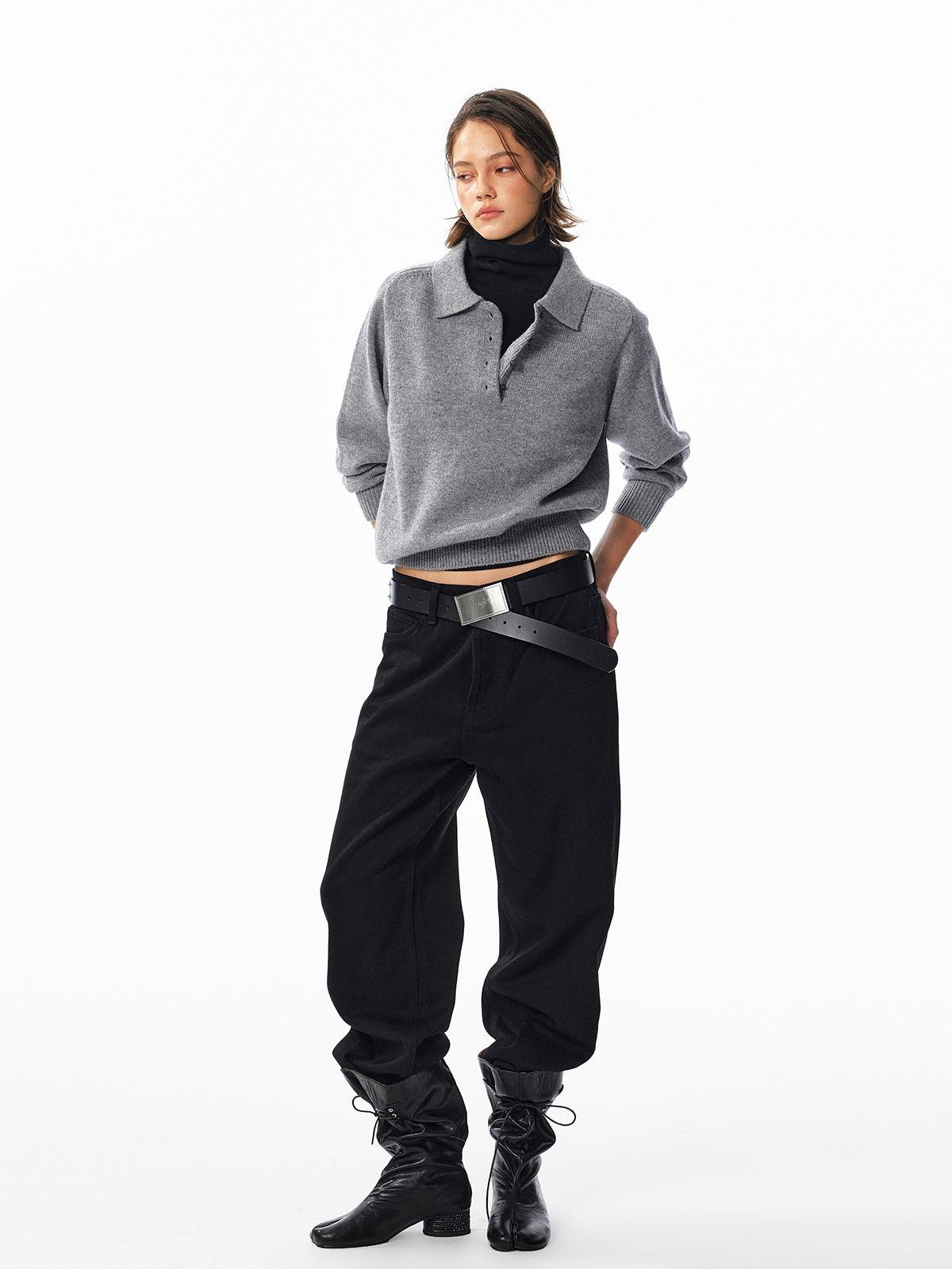 ALINNV Loose Henley Pure Wool Long Sleeve Button Placket Women&
