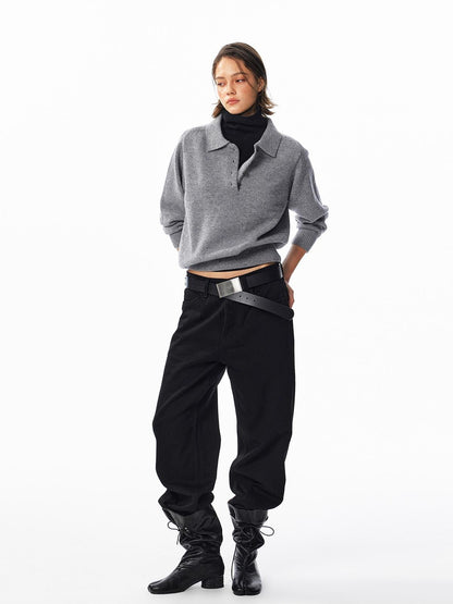 ALINNV Loose Henley Pure Wool Long Sleeve Button Placket Women&