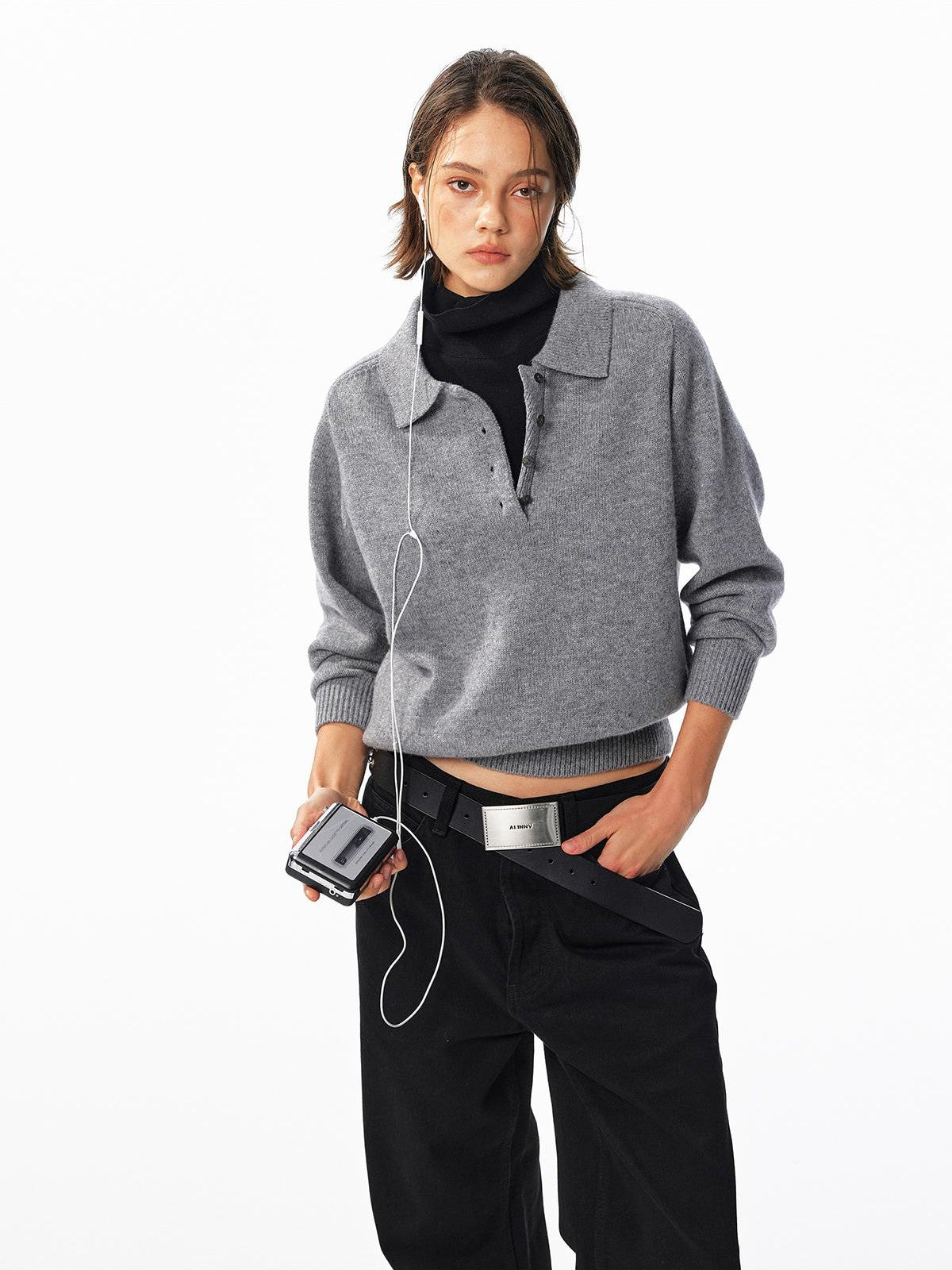 ALINNV Loose Henley Pure Wool Long Sleeve Button Placket Women&