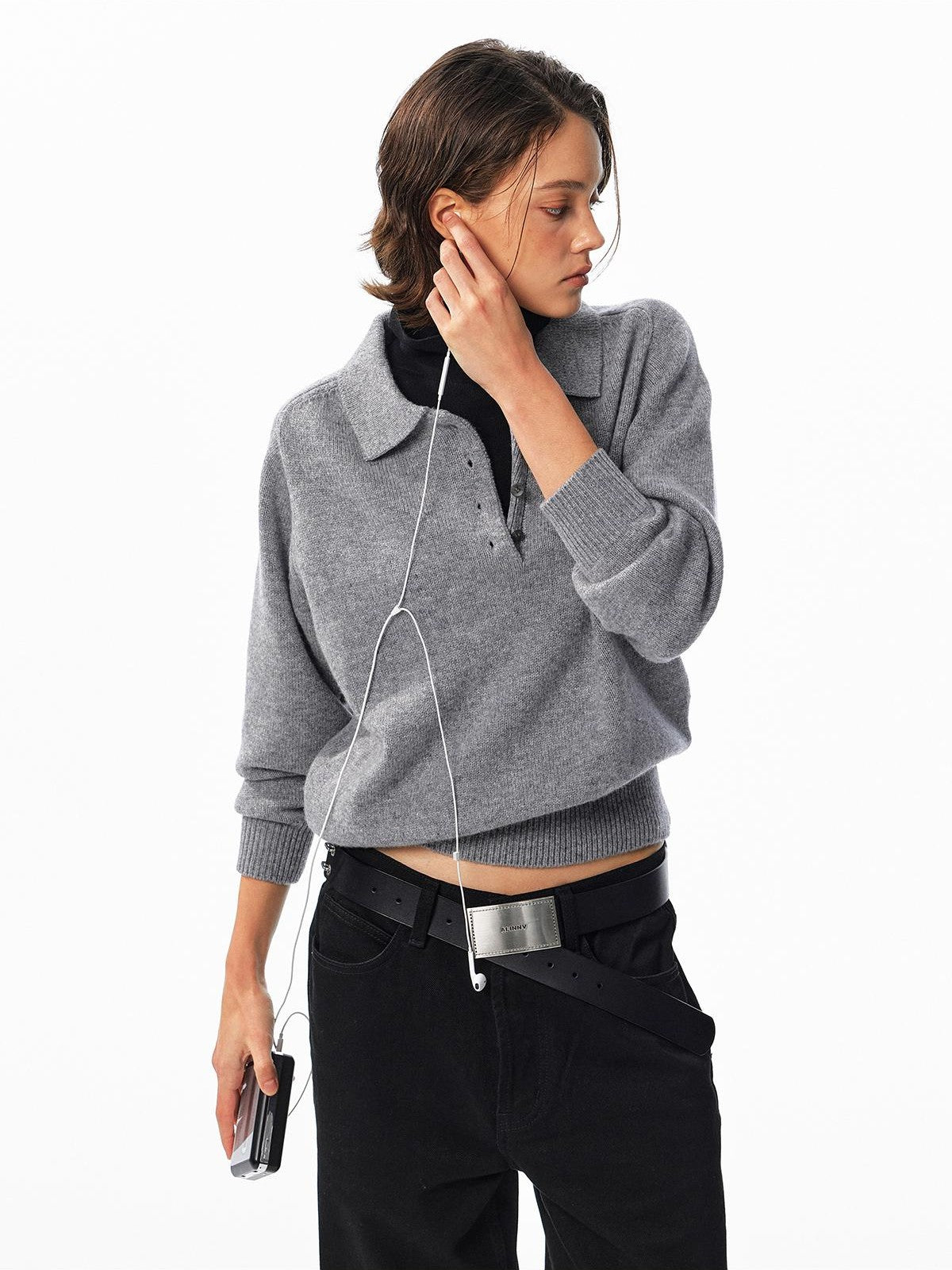 ALINNV Loose Henley Pure Wool Long Sleeve Button Placket Women&