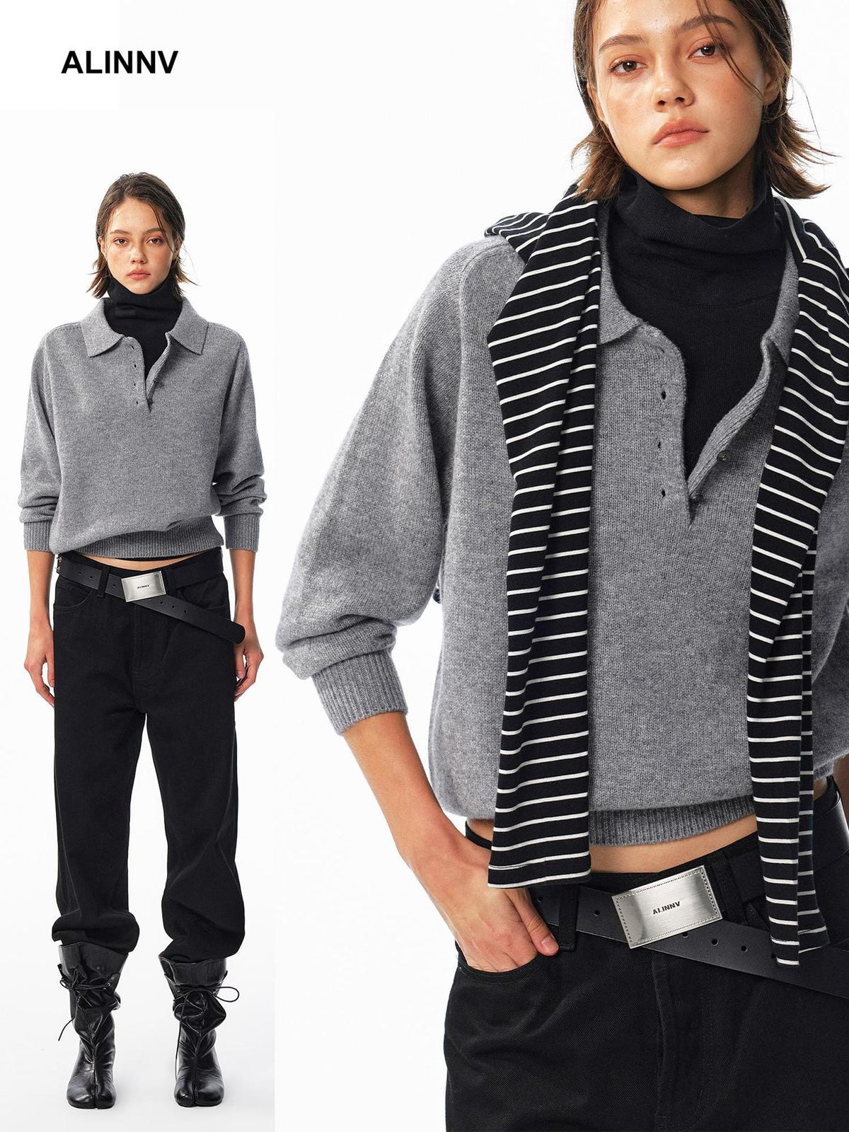 ALINNV Loose Henley Pure Wool Long Sleeve Button Placket Women&