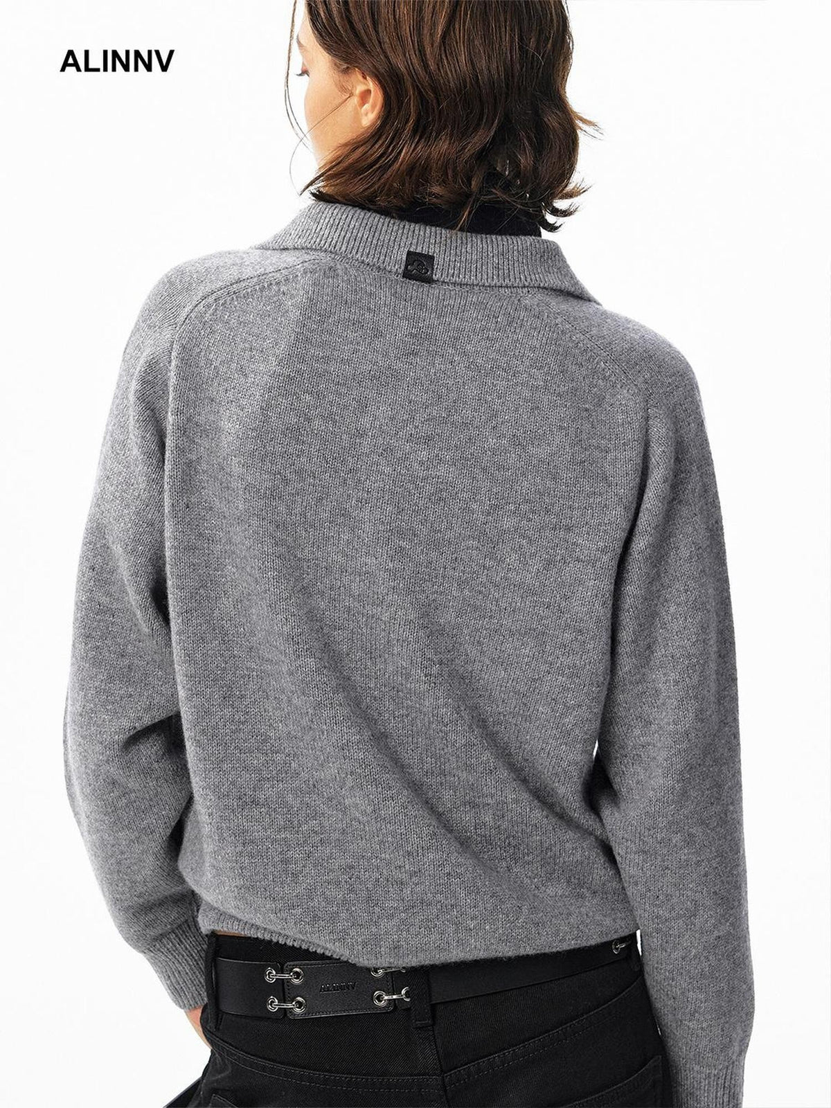 ALINNV Loose Henley Pure Wool Long Sleeve Button Placket Women&