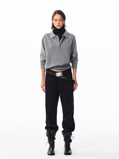 ALINNV Loose Henley Pure Wool Long Sleeve Button Placket Women&