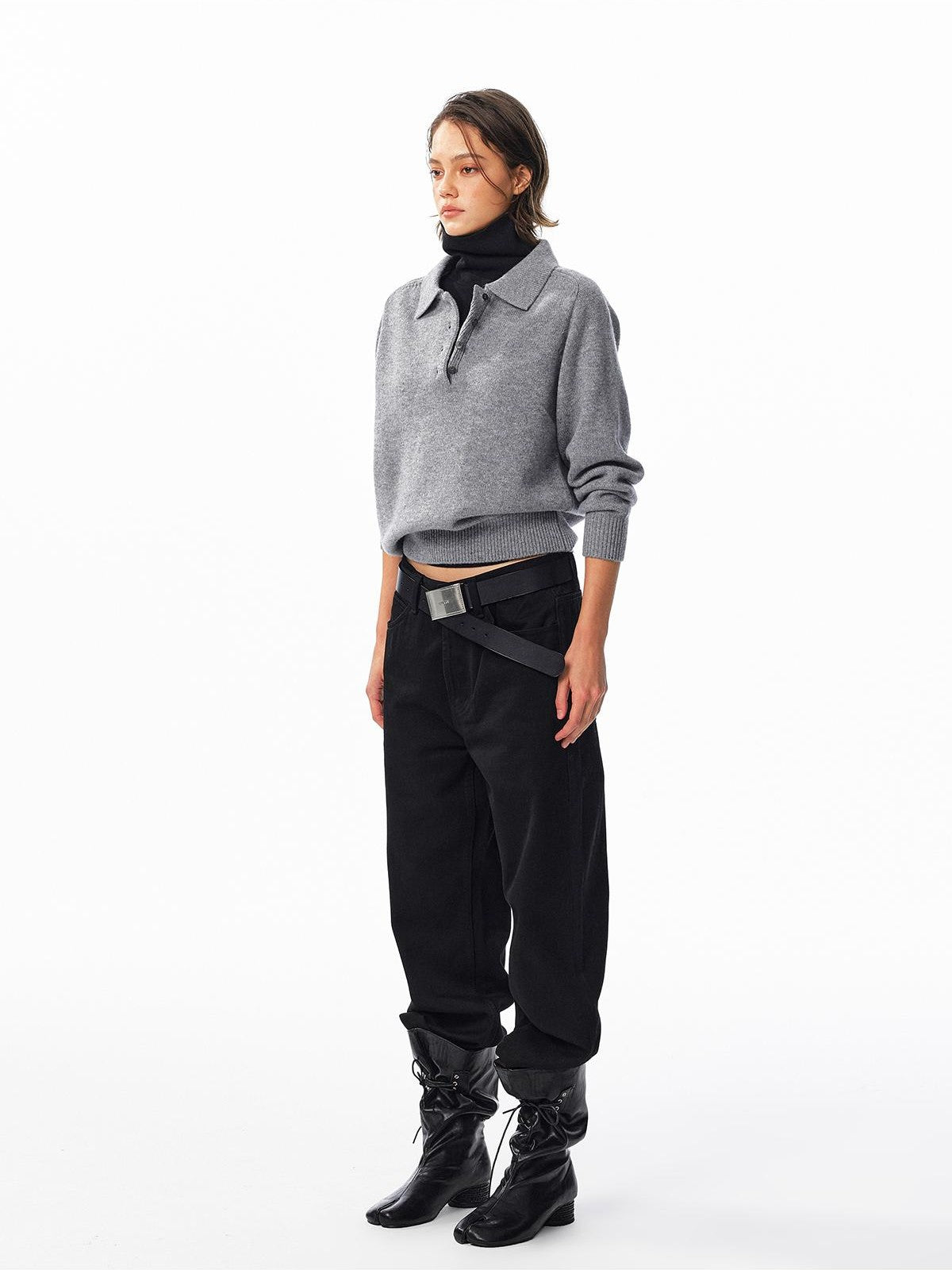 ALINNV Loose Henley Pure Wool Long Sleeve Button Placket Women&