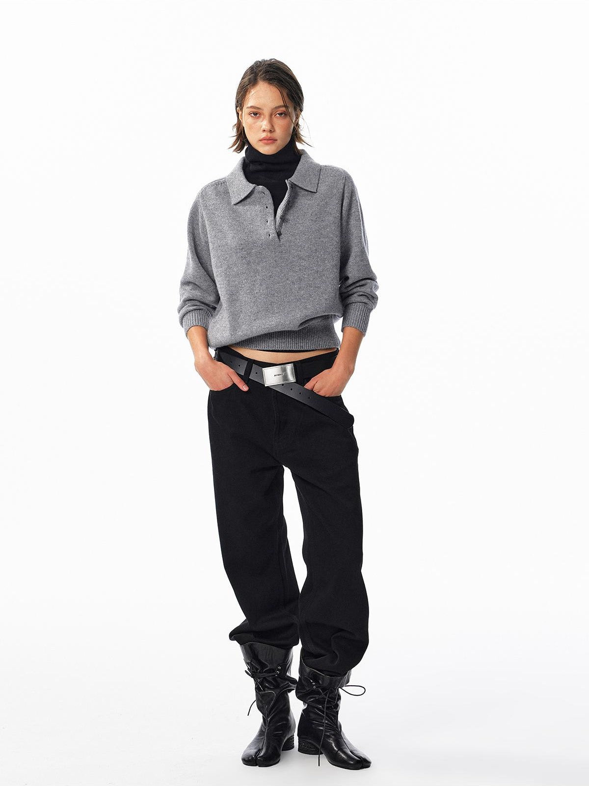 ALINNV Loose Henley Pure Wool Long Sleeve Button Placket Women&