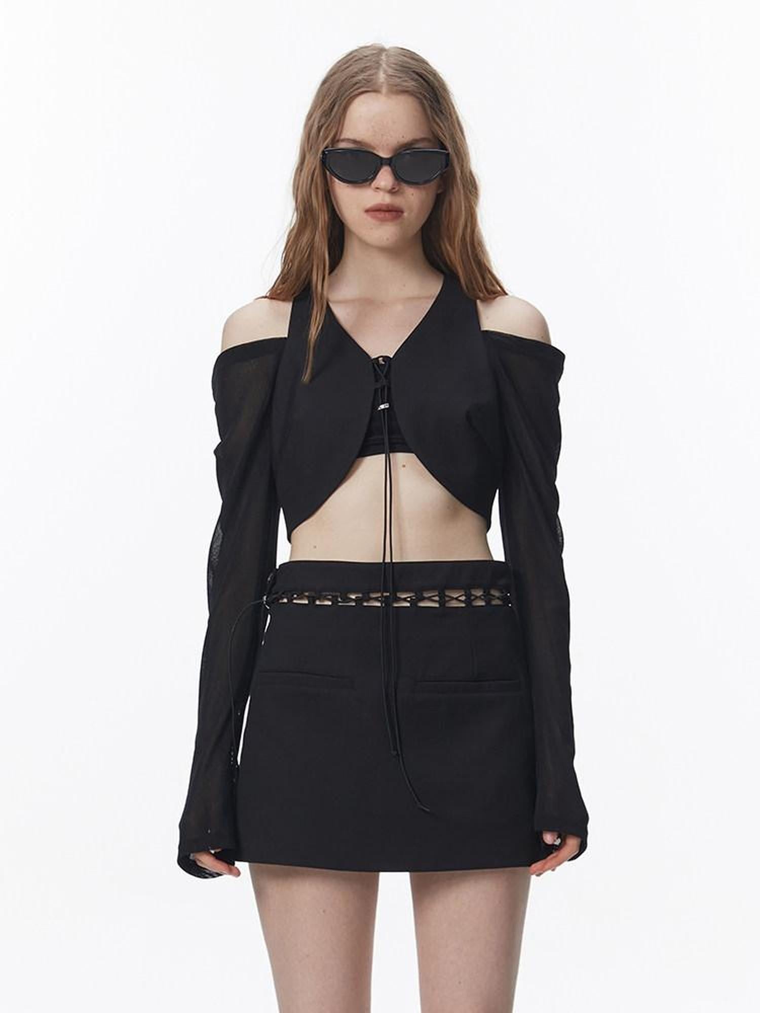 ALINNV Mesh Panel Halter Tie Cropped Women&
