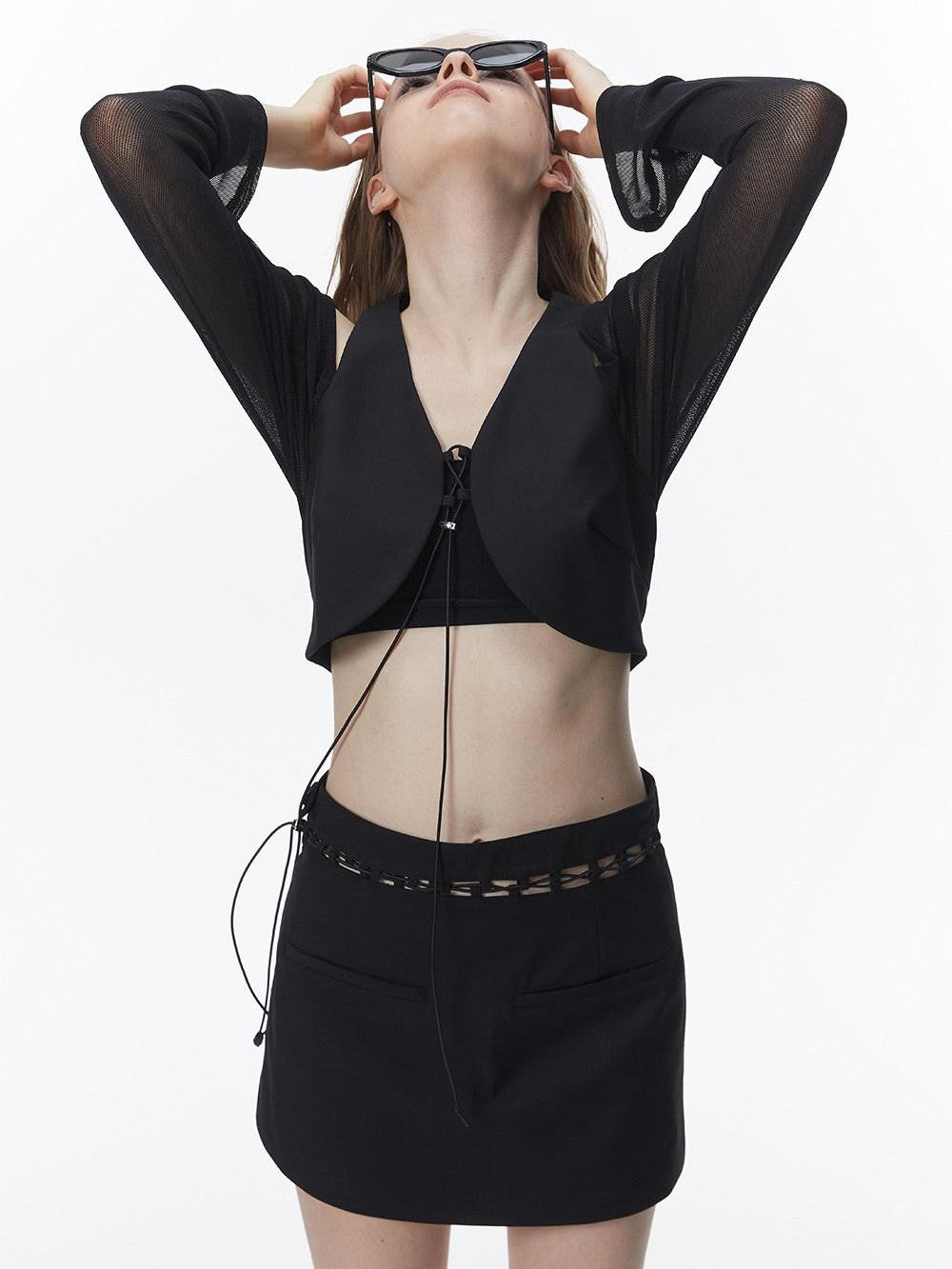 ALINNV Mesh Panel Halter Tie Cropped Women&