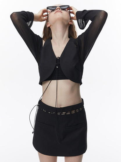 ALINNV Mesh Panel Halter Tie Cropped Women&