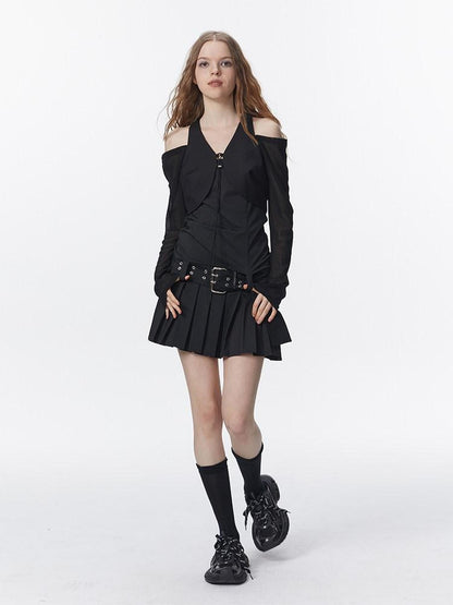ALINNV Mesh Panel Halter Tie Cropped Women&