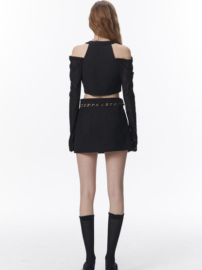 ALINNV Mesh Panel Halter Tie Cropped Women&