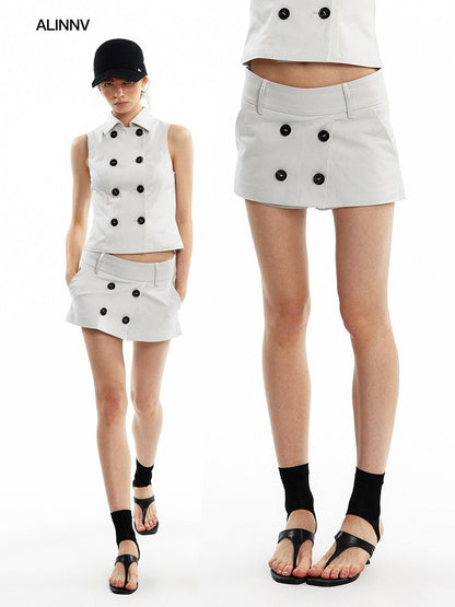 ALINNV Oat Gray Double Row Buttons H Line Low Waist Women&