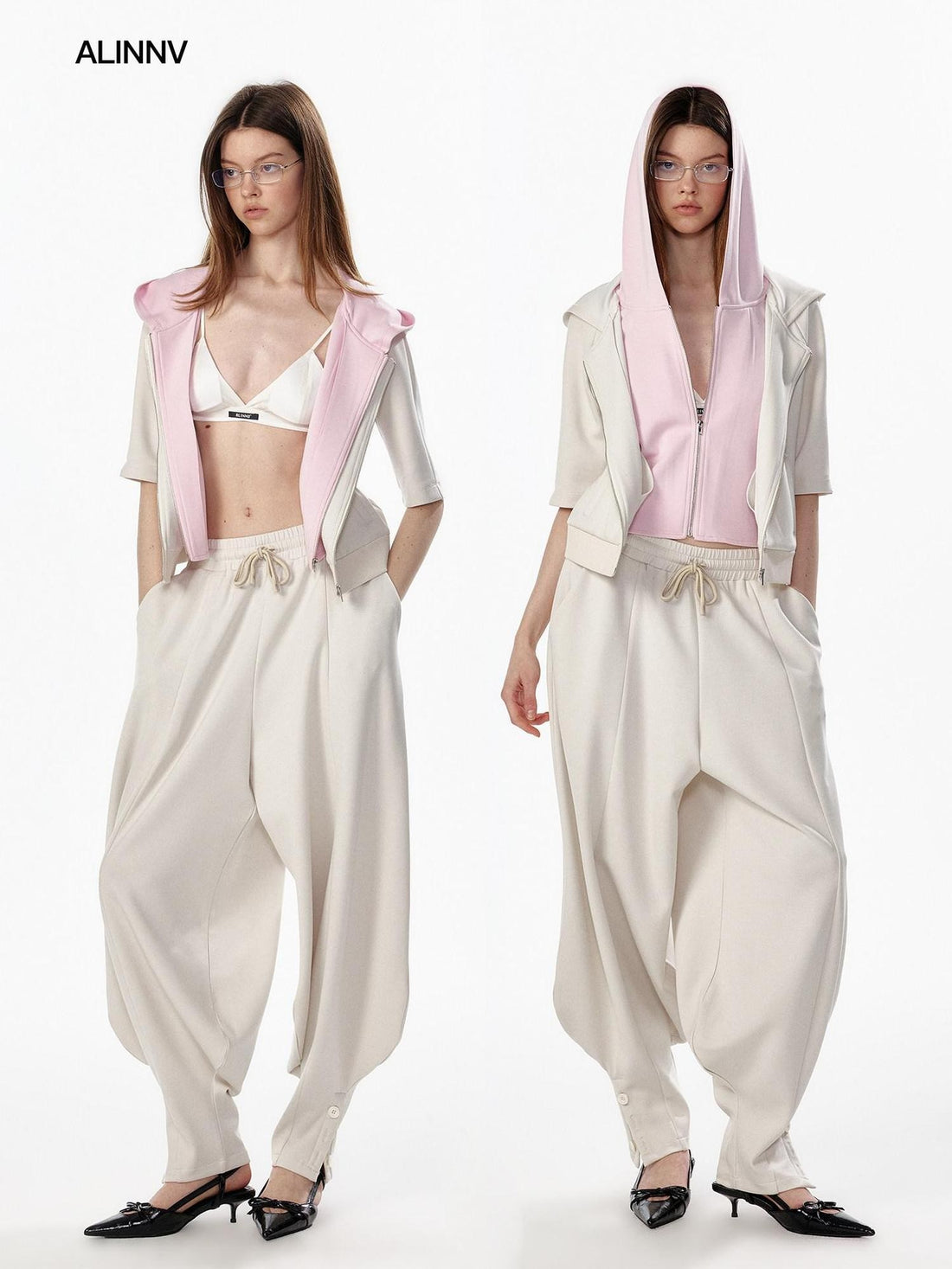 ALINNV Oatmeal Grey Faux Two Piece Zip Hooded Women&
