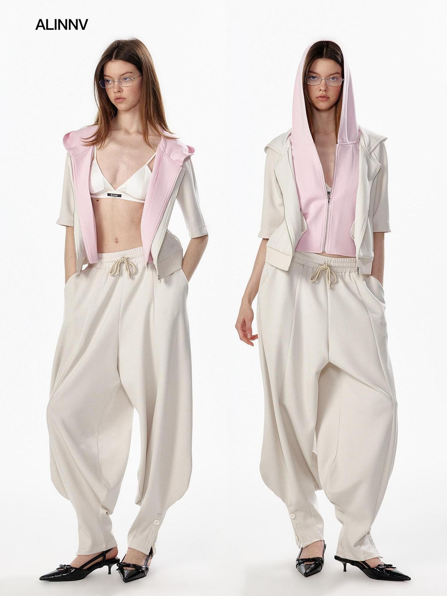 ALINNV Oatmeal Grey Faux Two Piece Zip Hooded Women&