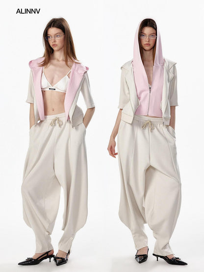 ALINNV Oatmeal Grey Faux Two Piece Zip Hooded Women&