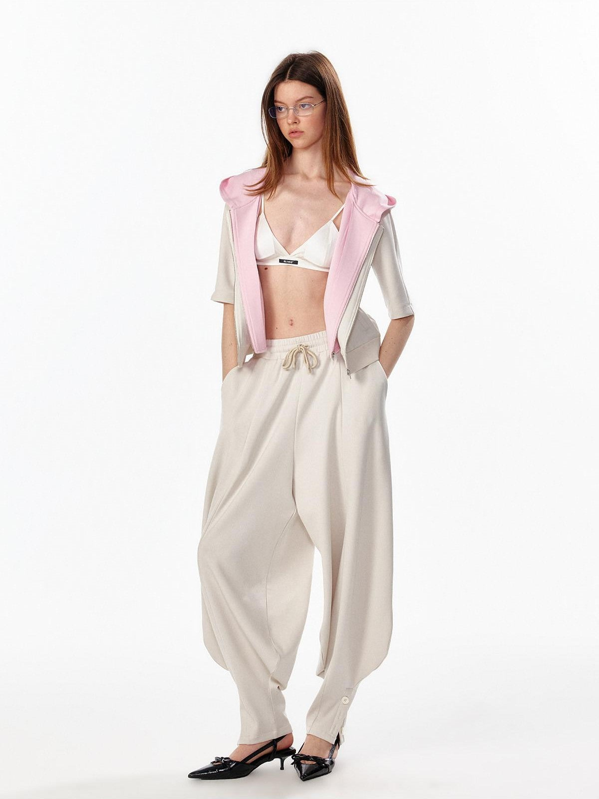 ALINNV Oatmeal Grey Faux Two Piece Zip Hooded Women&