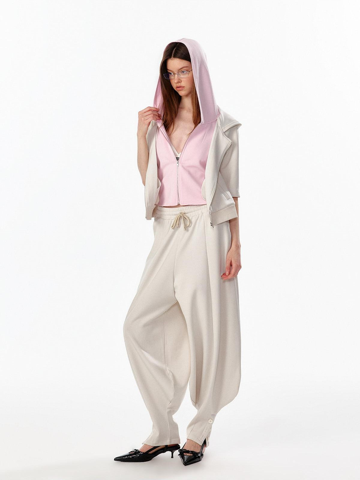 ALINNV Oatmeal Grey Faux Two Piece Zip Hooded Women&